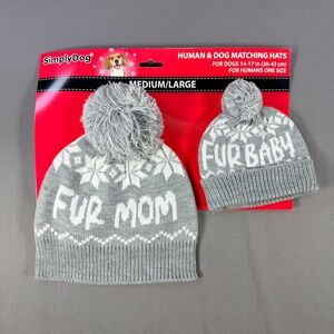 SimplyDog Matching Hats Medium/Large Grey Fur Mom Fur Baby Pom Beanie Gift Set